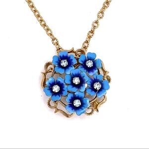 Blue flower necklace pin brooch gold chain